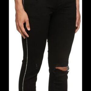 AMIRI Men's Crystal Track Distressed Denim Skinny Jeans in Black Size 32